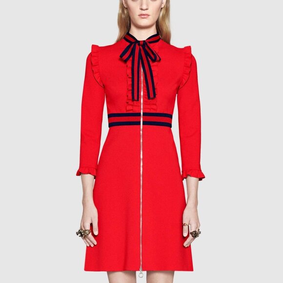 Gucci Red Ruffled Stripe-Trim Bow-Neck Mini Dress - Picture 1 of 10